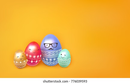 children Happy easter. 3d painted egg. Eggs family: father, mother and children. Copy space for text. Negative space. Orange background with isolated realistic objects. Vector illustration