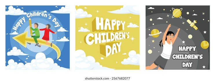 Children with happy faces full of imagination.Writing happy children's day among the clouds in the sky. A children's world full of fun. Children's Day concept. Set flat vector illustration.