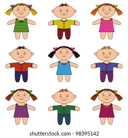 Children, happy little boys and girls, standing and smiling, set. Vector