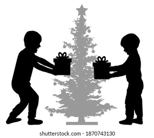 Children are happy with New Year's gifts. Christmas tree. Silhouette vector