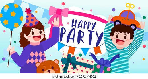 The children happy in party with lovely element, present box, rainbow, balloon,  in cartoon character, vector illustration