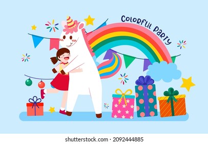 The children happy in party with lovely element, present box, rainbow, balloon,  in cartoon character, vector illustration