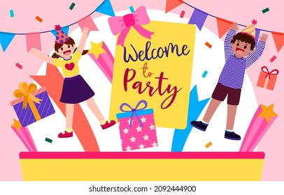 The children happy in party with lovely element, present box, glister,  flag in cartoon character, vector illustration