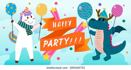 The children happy in party with lovely element, present box, rainbow, balloon,  in cartoon character, vector illustration