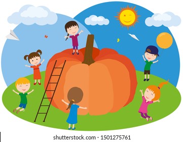 Children harvested pumpkins. Girls and boys enjoy a large ripe pumpkin. Vector illustration.