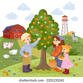 Children harvesting concept. Little boy and girls picking ripe delicious apples or oranges from tree. Farming, gardening or agriculture. Kids do household chores. Cartoon flat vector illustration