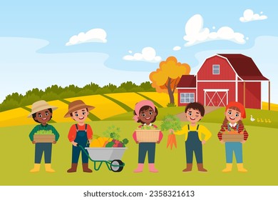 Niños cosechando en la granja. Cosecha, concepto de festival del mercado agrícola. Ilustración vectorial en un estilo plano lindo