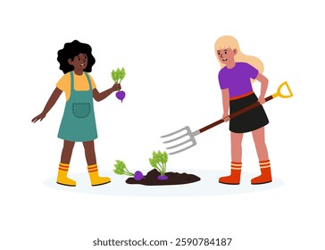 Children harvesting vegetables together in a garden on a sunny day in the summer