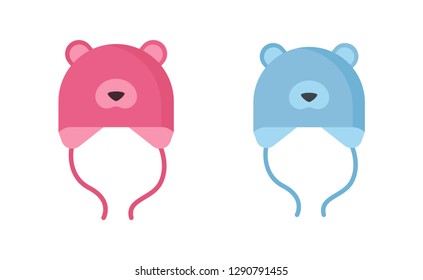 Children hat with bear ears and nose vector illustration set.