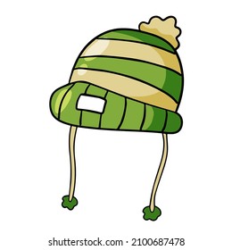 Children hat with ties and pompom. Striped hat. Funny outline cartoon