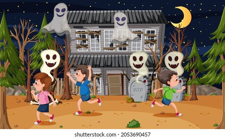Children at the haunted house illustration