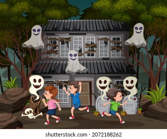 Children at the haunted house illustration