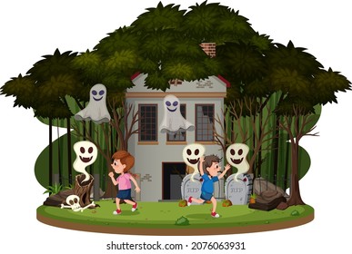Children at the haunted house illustration