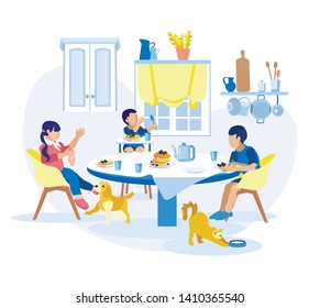 Children Have Breakfast by Themselves at Home. Flat Cartoon Boys Eat Pancakes with Jam and Fruits. Girl Treats Dog with Meal. Cat Stretches near Plate on Floor. Child Morning Nutrition Illustration