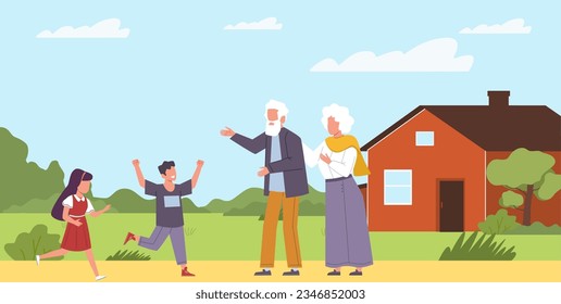 Children have come to visit their grandparents for summer vacation in village. Happy family, different ages relatives, grandpa and grandma, countryside house. Cartoon flat vector concept