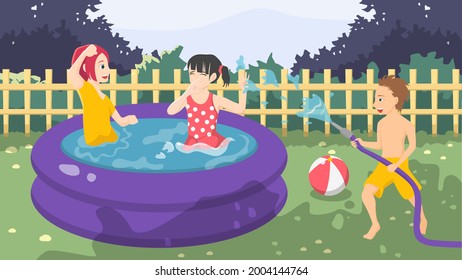 Children have fun at the backyard. Kids in a swimming pool. Summer camp activities with water splashing.