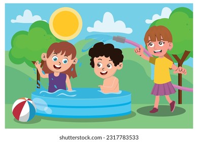 Children have fun at the backyard. Kids in a swimming pool. Children play outside. Summer camp activities with water splashing. Summer background. House with backyard.