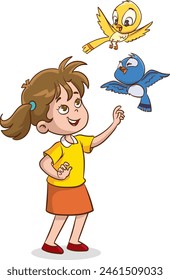 Children have fun with birds. Vector illustration with cute children playing in cartoon style.