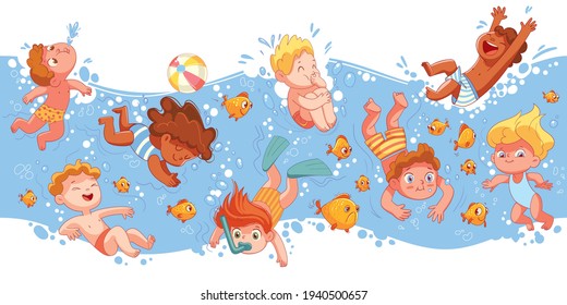 Children have fun diving under water. Funny cartoon character. Vector illustration. Seamless panorama. Isolated on white background