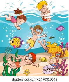 Children have fun diving under water. Funny cartoon character. Vector illustration..Cute kids diving in the sea. Cartoon children snorkeling in the ocean. 