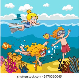 Kinder haben Spaß, unter Wasser zu tauchen. Lustige Comic-Figur. Vektorillustration..Nette Kinder, die im Meer tauchen. Zeichentrickkinder, die im Ozean schnorcheln. 