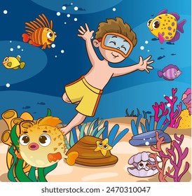 Los niños se divierten buceando bajo el agua. Caricatura divertida. Ilustración vectorial... Niños lindos buceando en el mar. Niños de dibujos animados buceando en el océano. 