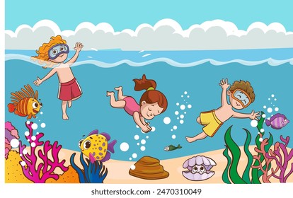 Los niños se divierten buceando bajo el agua. Caricatura divertida. Ilustración vectorial... Niños lindos buceando en el mar. Niños de dibujos animados buceando en el océano. 