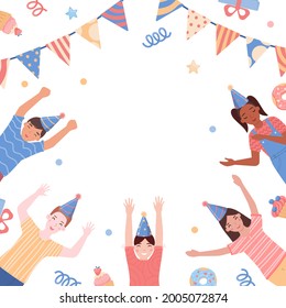Children have fun at a holiday or birthday party. Background with balloons, garlands, cakes and a copy space in the center. Flat vector illustration, template, frame.