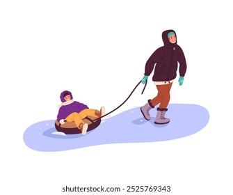 Los niños se divierten en descenso con trineo en las vacaciones de invierno. Niño feliz sentado en tubo de nieve, amigo lo tira con la cuerda. Los chicos se divierten, resbalan en trineo. Ilustración vectorial aislada plana en blanco