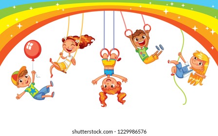 Children have fun on the rides. Amusement park. Playground. Kid weighs on the rings upside down. Climbing up along the rope. Swinging on swing. Vector illustration. Isolated on white background