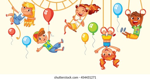 Children Have Fun On The Rides. Amusement Park. Playground. Kid Weighs On The Rings Upside Down. Climbing Up Along The Rope. Swinging On Swing. Vector Illustration. Isolated On White Background