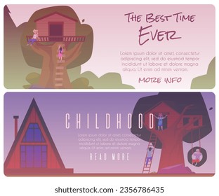 Children have fun on tree house, childhood flyers tamplate. Wooden hut constructions, lodge on big tree with swing and ladder. Vector game treeshed summer camp. The best time ever banner