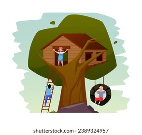 Children have fun on tree house. Wooden lodge on big tree among the foliage with swing and ladder. Vector isolated game treeshed summer camp. Kids playground for outdoors adventures and activities