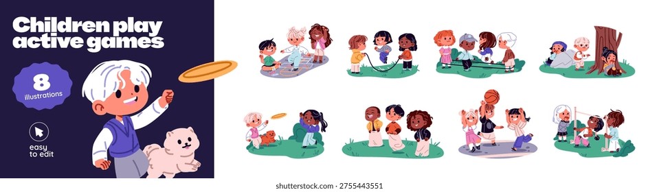 Children have fun outdoors set. Kids play hopscotch, skipping rope, hide and seek, flying disk, sack race, baseball, limbo. Happy friends jumping together. Flat isolated vector illustration on white