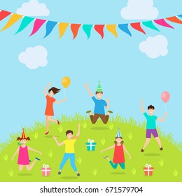 Children Have Fun Party. Amusement park. Active Kids Jumping - Illustration Vector