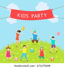 Children Have Fun Party. Leisure and Entertainment. Amusement Park. Active Kids Jumping - Illustration Vector