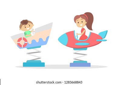 Children have fun in a plastic boat and rocket on playground. Outdoor activity. Play in amusement park. Kids are happy. Flat vector illustration