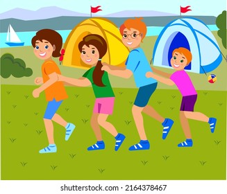 Children have fun playing in the summer camp in nature Vector