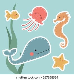 Children have fun stickers with sea animals. Who lives at the bottom of the sea.
Who lives in the water.