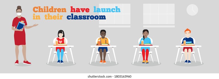 Children Have Launch In Their Classroom, One Of New Normal Pandemic Measures. Diverse Schoolkids Eat Meals In Class, Female Teacher Wear Mask. Back To School During Coronavirus Pandemic Vector Concept