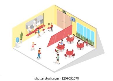 Children Have Lunch Or Breakfast In The School Cantine. Little Child Walking With Red Tray With Meal To The Table. Cafeteria Interior. Isolated Vector Isometric Illustration