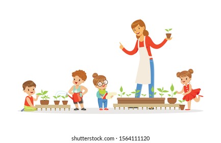 Children Having Botany Lesson. Teacher Demonstrating Plant Vector Illustration