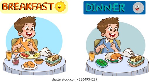 children having breakfast and dinner cartoon vector