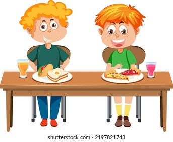 Children having breakfast on the table illustration