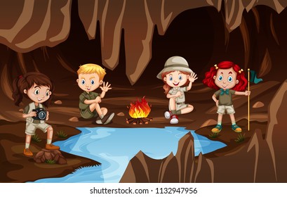 Children having a campire in a cave illustration