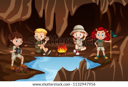Children having a campire in a cave illustration