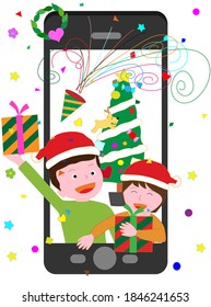 Children having a Christmas party online using their smartphones.