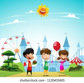 Children having fun at the amusement park. Weekend concept illustration. Vector