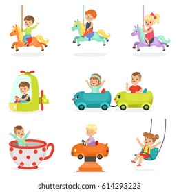 Children having fun in an amusement park, set for label design. Cartoon detailed colorful Illustrations