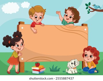 Children are having fun around a big wooden board.